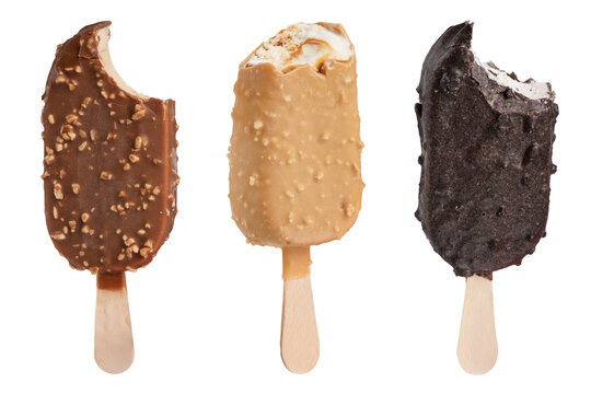 Chocolate ice cream on a stick isolated on a white background. Three portions of bitten ice cream in chocolate glaze of different sizes and different colors for insertion into the project