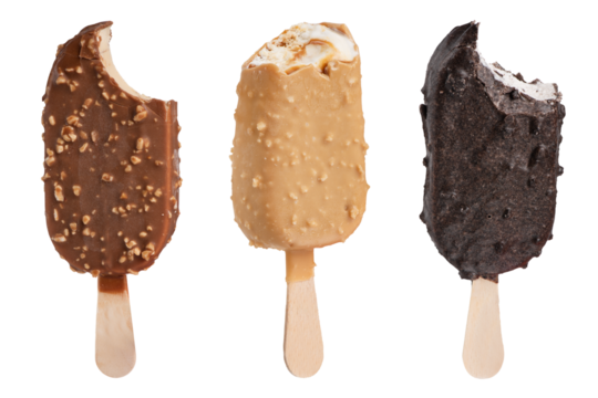 Chocolate ice cream on a stick isolated on a white background. Three portions of bitten ice cream in chocolate glaze of different sizes and different colors for insertion into the project