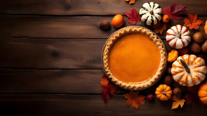 Thanksgiving pumpkin, top view, copy space. Fall traditional homemade pumpkin pie for the autumn holiday. Holiday concept. 
 - obrazy, fototapety, plakaty