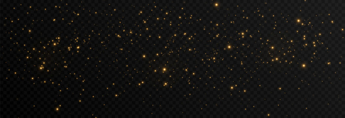 Golden magic dust png. Light effect. Magic glow. Spraying glowing particles png. Christmas glowing background. - obrazy, fototapety, plakaty