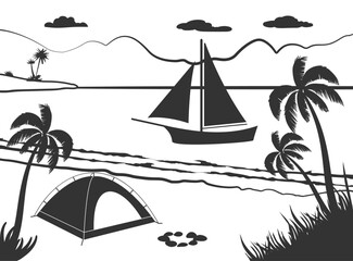Camping site on a beautiful tropical beach with sail boat in the bay, vector illustration