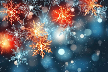 holiday background with blinking stars and falling snowflakes. Blurred bokeh of Christmas lights. Generative AI