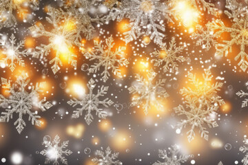 Fototapeta na wymiar holiday background with blinking stars and falling snowflakes. Blurred bokeh of Christmas lights. Generative AI