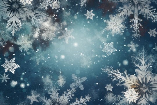 holiday background with blinking stars and falling snowflakes. Blurred bokeh of Christmas lights. Generative AI