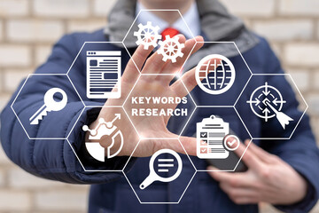 Man using virtual touch screen sees inscription: KEYWORDS RESEARCH. Keyword Research and SEO optimization concept. Selection popular search terms with search engine suggestion tips. Keywords planner.