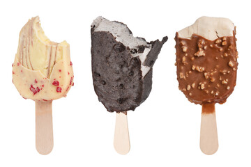 Chocolate ice cream on a stick isolated on a white background. Three portions of bitten ice cream in chocolate glaze of different sizes and different colors for insertion into the project