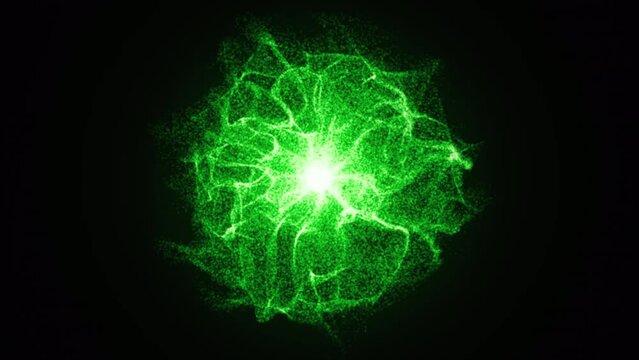Green energy orb background animation. 3d abstract energy sphere ball with green power rays on dark background. Nuclear energy, Big Bang, Supernova. Science, technology, innovations, Universe. 4k.	