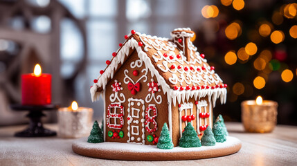 Festive Gingerbread House with Snowy Roof and Christmas Decorations