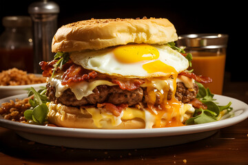 Craft a breakfast burger: Illustrate a breakfast-themed burger with a sausage patty, a fried egg with a runny yolk, crispy bacon, and hash browns, all sandwiched between a fluffy biscuit. - obrazy, fototapety, plakaty