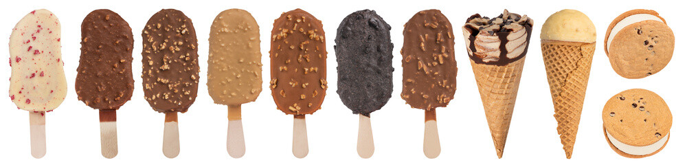 Chocolate ice creams with icing of different colors. A big set of ice cream of different types,...
