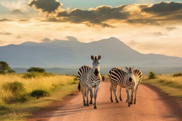 zebra on national park road - obrazy, fototapety, plakaty