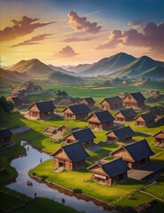 village in the mountains at sunset