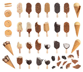 A huge set of ice cream of different shapes, different types and tastes on a white isolated...