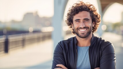 Smiling Adult Latino Man with Brown Curly Hair Photo. Portrait of Casual Person in City Street. Photorealistic Ai Generated Horizontal Illustration..