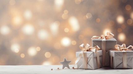 Generative AI, Christmas or New Year minimalistic background with gift boxes, silver and golden bokeh lights, muted colors