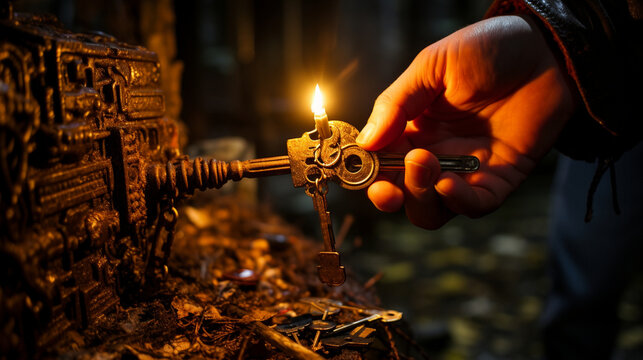 A hand turning an old, brass key in a lock, captured in a dimly lit, mysterious setting