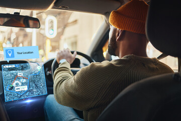 Man, driving and hologram map in car with direction, guide or navigation to location in city with...