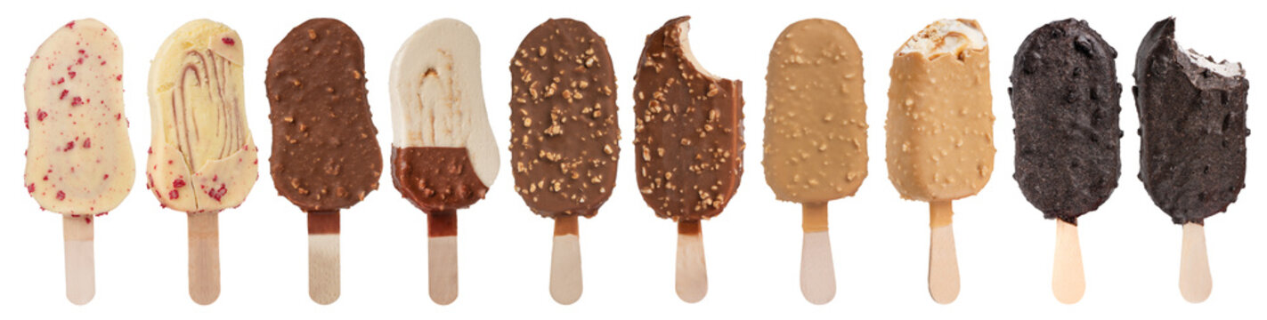 Chocolate ice creams with icing of different colors. A set of ice cream of different types, flavors on a white isolated background.