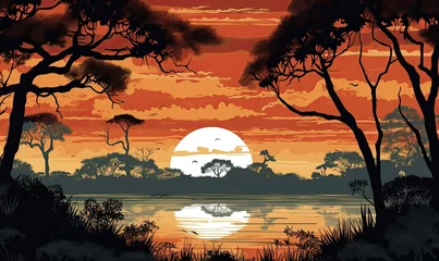 Foto op Aluminium Sunset in an African nature reserve showing silhouettes of trees © jambulart