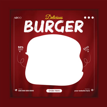 Hot and Delicious Burger social media post design or promotional web banner template for
instagram or facebook advertising