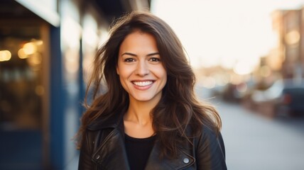 Smiling Adult Latino Woman with Brown Straight Hair Photo. Portrait of Casual Person in City Street. Photorealistic Ai Generated Horizontal Illustration..