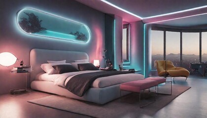 A futuristic bedroom with neon accents that respond to your passion for fashion design, projecting scenes from glamorous runway shows on the neon-lit headboard and nightstand. 
