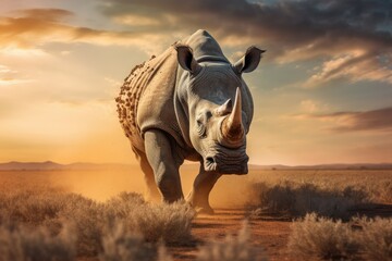 rhino in the savannah - obrazy, fototapety, plakaty