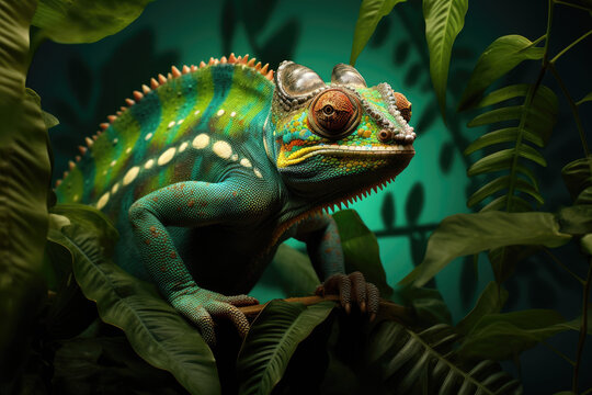 Chameleon showcasing its incredible color-changing ability against a vibrant tropical backdrop