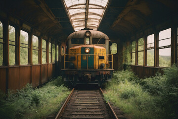 Fototapeta na wymiar Abandoned train in the depo forest long time ago