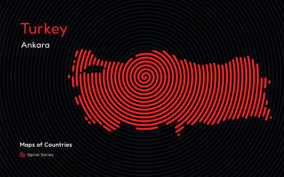 Creative fingerprint map of Turkey. Political map. Ankara. Capital. World Countries vector maps series. Fingerprint Spiral series	
