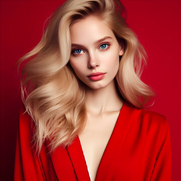 Portrait of a woman american model with blonde hair and blue eyes, clothes and background in red