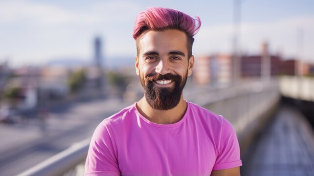 Smiling Adult Persian Man with Pink Straight Hair Photo. Portrait of Casual Person in City Street. Photorealistic Ai Generated Horizontal Illustration..