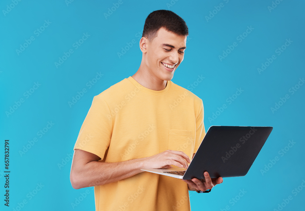 Poster laptop, research and man student in a studio working on a university project on the internet. smile,