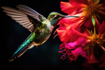 Fototapeta premium Hummingbird sipping nectar from a colorful flower