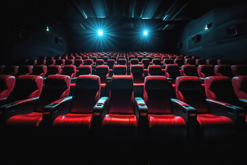 Empty cinema hall with red seats, movie theatre. Generative Ai
