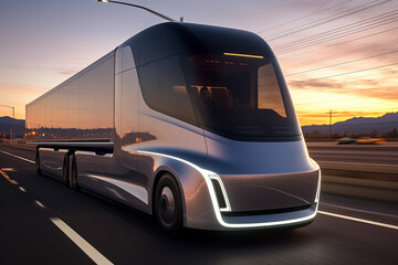 futuristic electric truck on highway, future electric automobile. Generative Ai