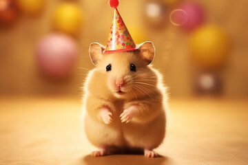 little hamster in festive conus, concept of holiday or birthday party. Generative Ai