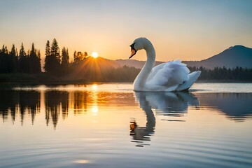 Male mute swan (Cygnus olor) swimming in a lake in the evening at sunset. - obrazy, fototapety, plakaty