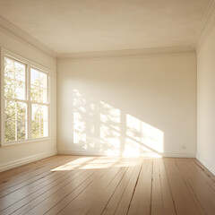 Fototapeta premium An empty bedroom with the sun shining through the window. Generative ai. 