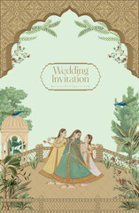Mughal Arch Wedding Invitation Design. Women are dancing on wedding ceremony vector illustration. - obrazy, fototapety, plakaty