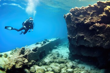 Naklejka na ściany i meble Female scuba diver swimming under water