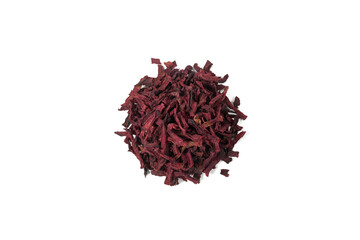 Dried beetroot slices heap isolated on white background. food ingredient.