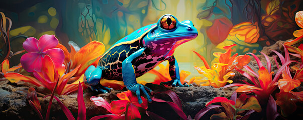 Close-up of a poison dart frog against a dynamic and colorful tropical background - obrazy, fototapety, plakaty