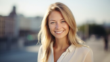 Smiling Adult White Woman with Blond Straight Hair Photo. Portrait of Casual Person in City Street. Photorealistic Ai Generated Horizontal Illustration.. - obrazy, fototapety, plakaty