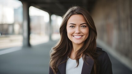 Smiling Adult White Woman with Brown Straight Hair Photo. Portrait of Casual Person in City Street. Photorealistic Ai Generated Horizontal Illustration..