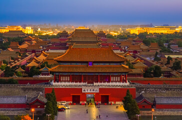 View of the Forbidden City at sunset in Beijing, China. - 657835765