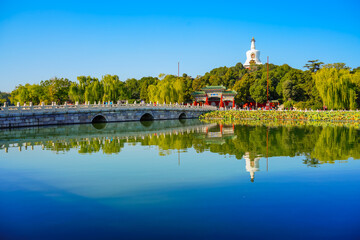 View of the white tower in Beihai Park in Beijing, China. - 657835940