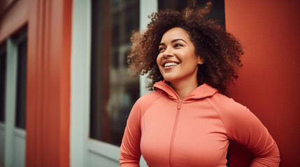 Confident woman in sportswear looking away and smiling. Healthy plus size female standing against a wall in gym. ai generative
