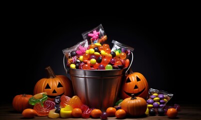 Naklejka premium A bucket full of tasty sweets and candies ready for Halloween. Generative AI.