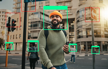 Man in city, face recognition and innovation, technology and identity, information and biometric for digital transformation. Frame, tech evolution and future with urban surveillance in street
